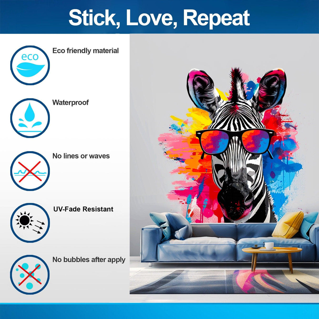 Colorful zebra wall decal with sunglasses, eco-friendly material, waterproof, UV-fade resistant, no bubbles after application.