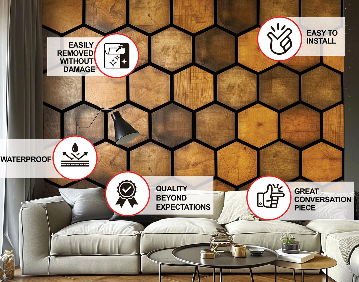 Hexagonal wood effect wallpaper sticker on a modern wall, showcasing rustic honeycomb design and easy installation features.