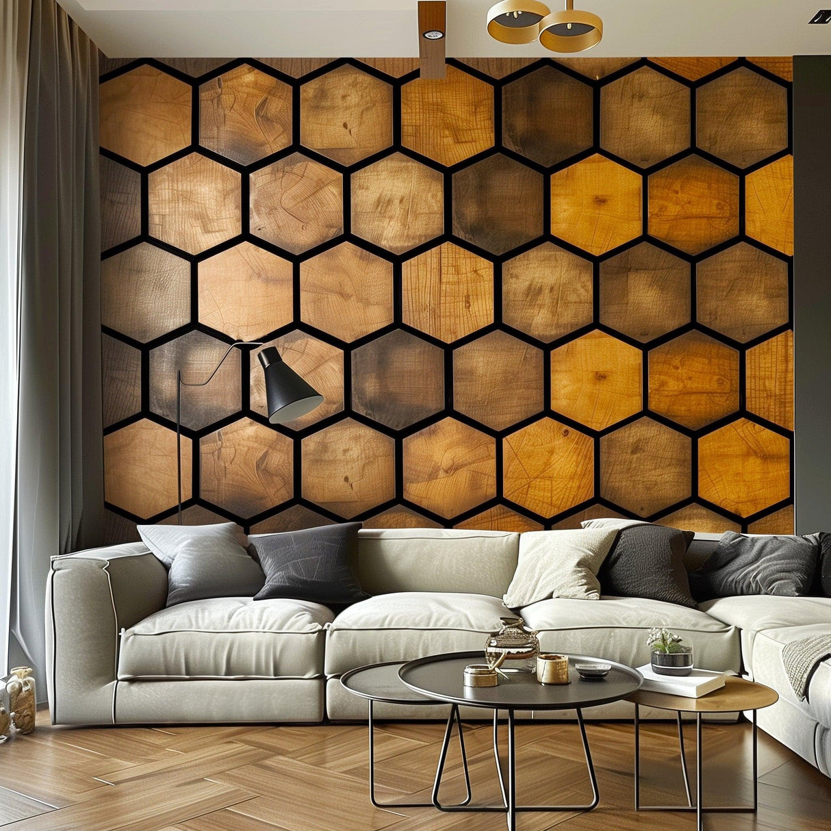 Hexagonal wood effect wallpaper sticker in a modern living room, showcasing rustic honeycomb design with black accents.
