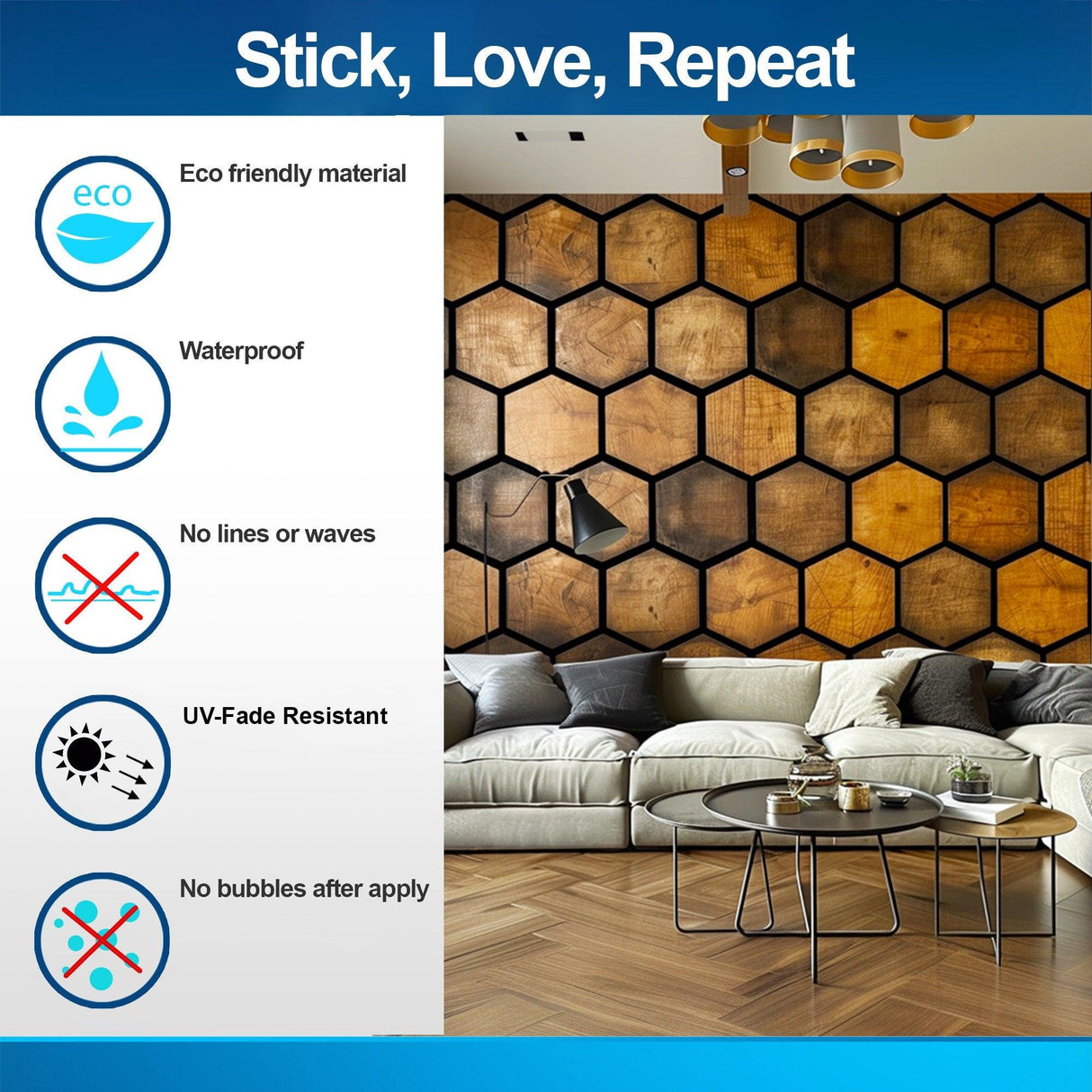 Hexagonal wood effect wallpaper stickers showcasing eco-friendly, waterproof features and easy application for modern home decor.