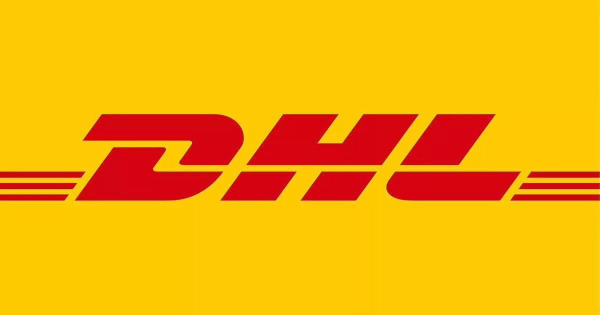 DHL logo on bright yellow background, representing express shipping services and logistics.