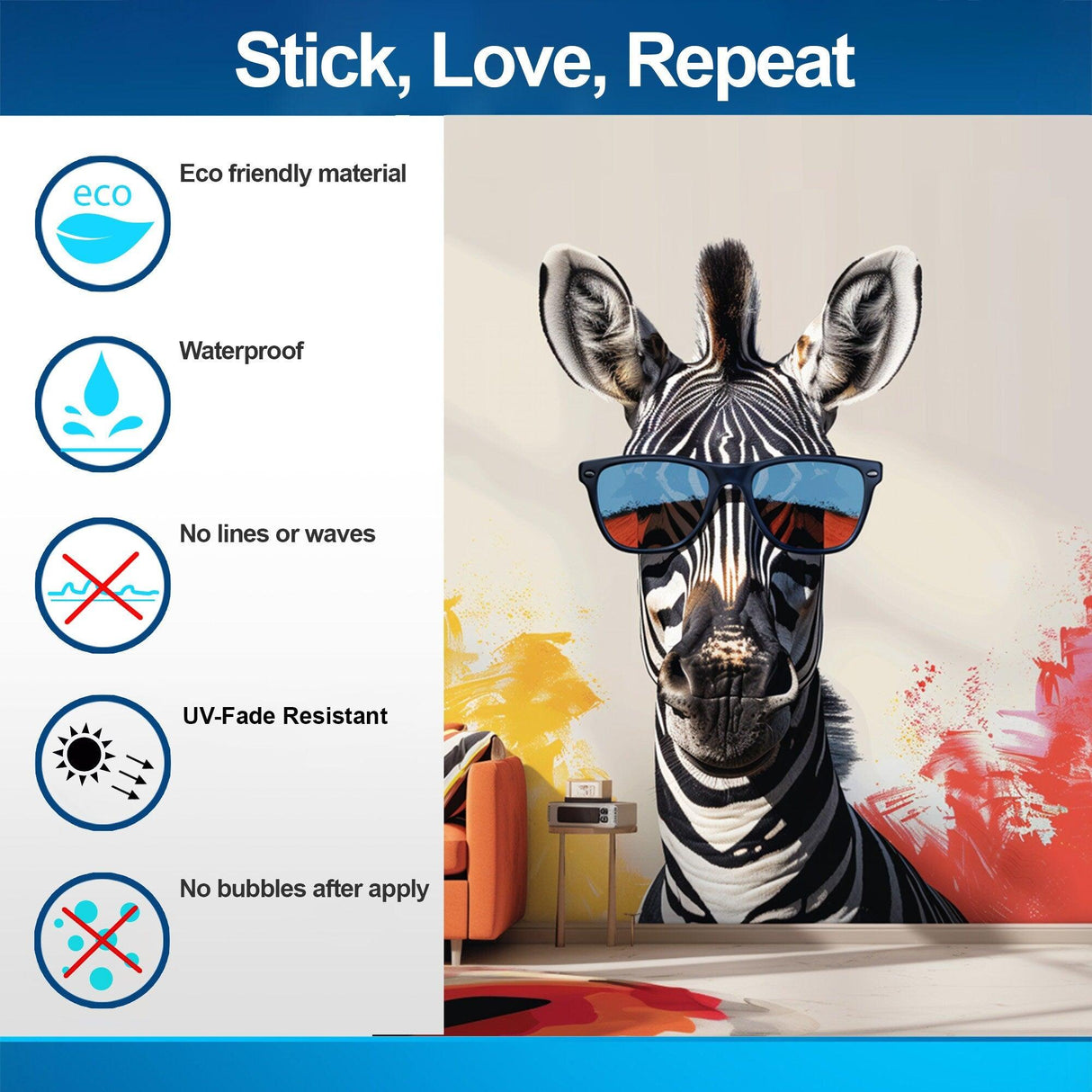 Funky zebra wall decal with sunglasses showcasing eco-friendly, waterproof, and UV-resistant features for home decor.