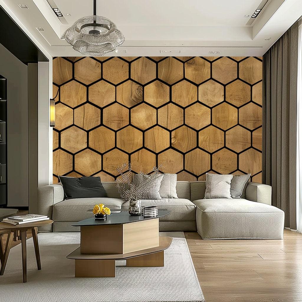 Modern hexagon wallpaper decals in a cozy living room, featuring wooden design and black accents.