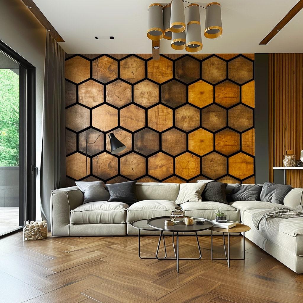 Hexagonal wood effect wallpaper stickers in black and brown honeycomb pattern on modern living room wall.