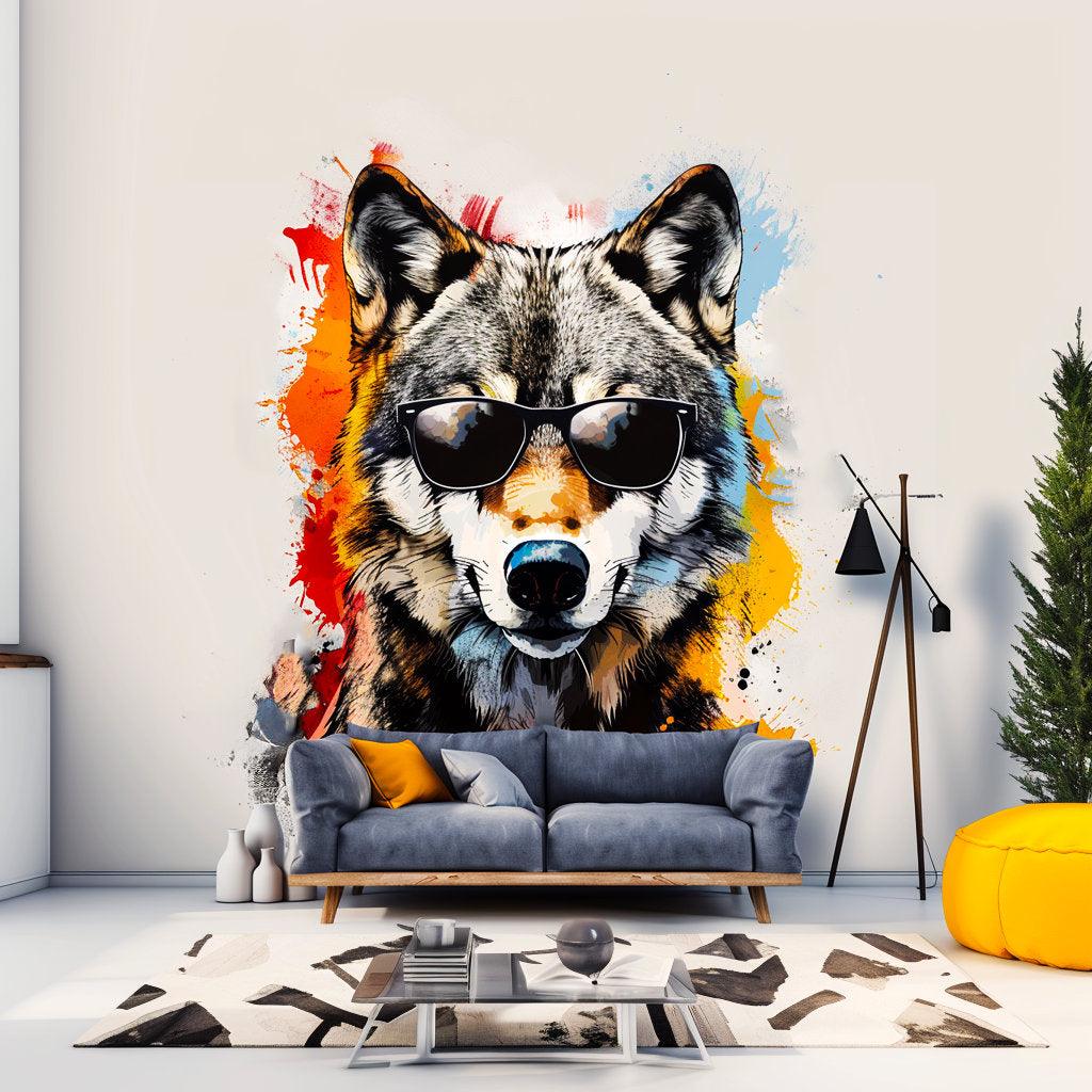 Colorful wolf wall sticker decal with sunglasses in modern living room decor, vibrant artwork for wall.