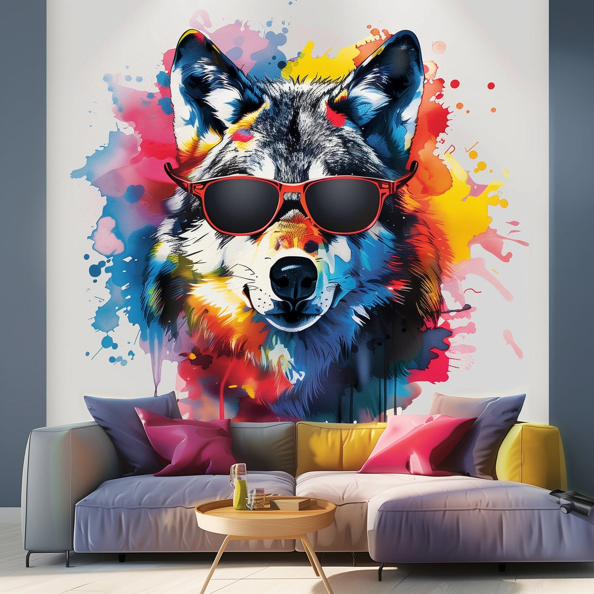 Watercolor Wolf Wall Sticker with Sunglasses - Modern Wolf Art Decal