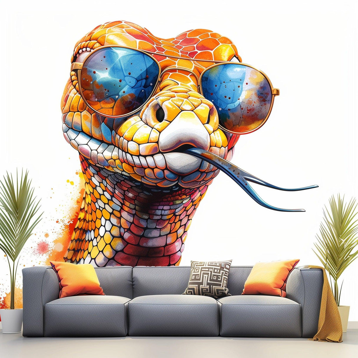 Vibrant orange snake sticker with glasses on wall behind a stylish sofa, perfect for whimsical child room decor.