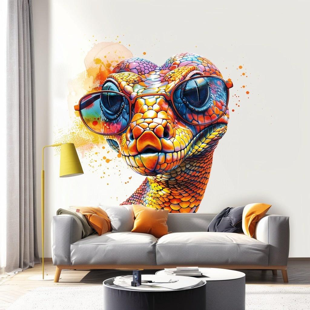 Vibrant orange snake with glasses wall decal in modern living room decor, colorful and playful wall art.