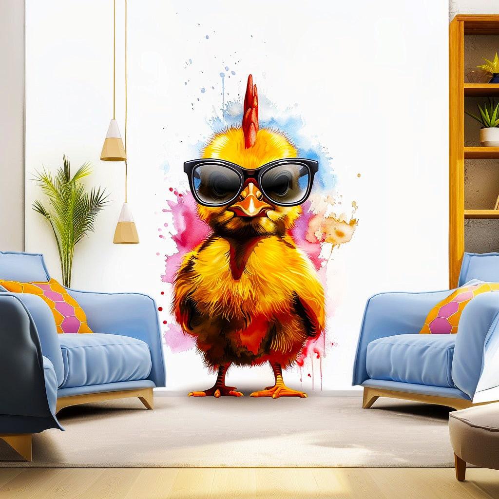 Vibrant watercolor wall decal of a baby chicken wearing glasses, perfect for kids' room decor.