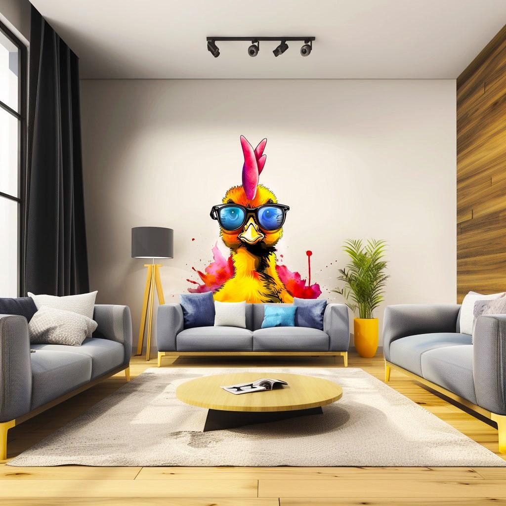 Vibrant watercolor baby chicken with glasses wall decal in a modern living room setting