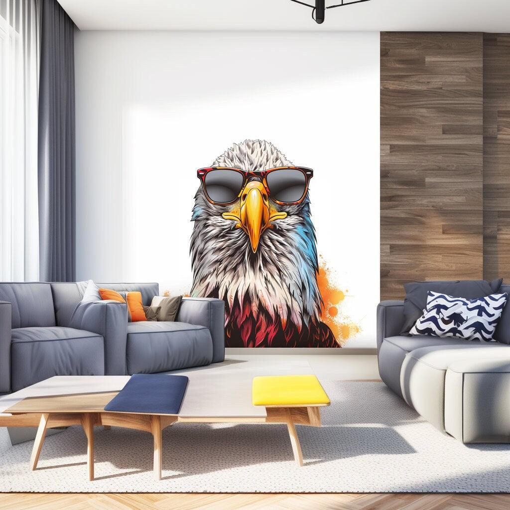 Bald eagle wall sticker with sunglasses in a stylish living room, adding cool decor for a unique touch.