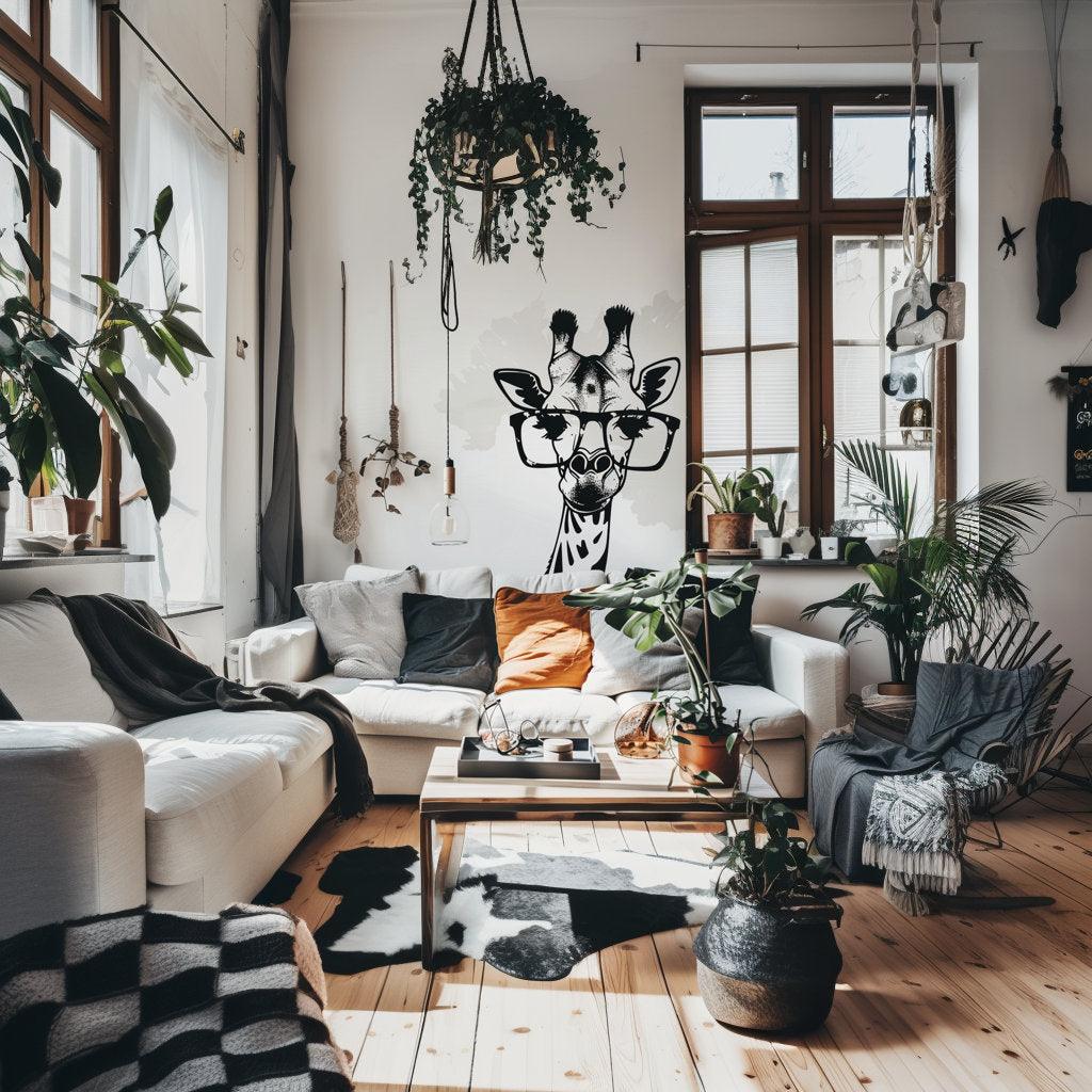 Chic monochrome giraffe wall sticker with glasses in a modern living room filled with plants and cozy decor.