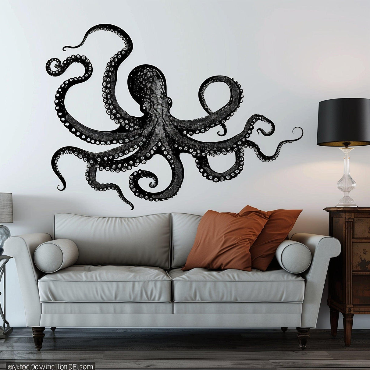 Giant black octopus wall sticker decal above a cozy sofa, enhancing marine-themed living room decor.