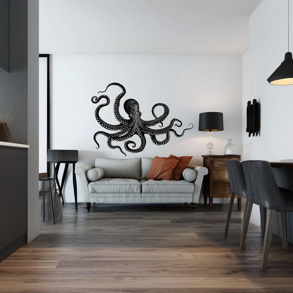 Giant black octopus wall sticker decal in modern living room, enhancing nautical home decor elegance.