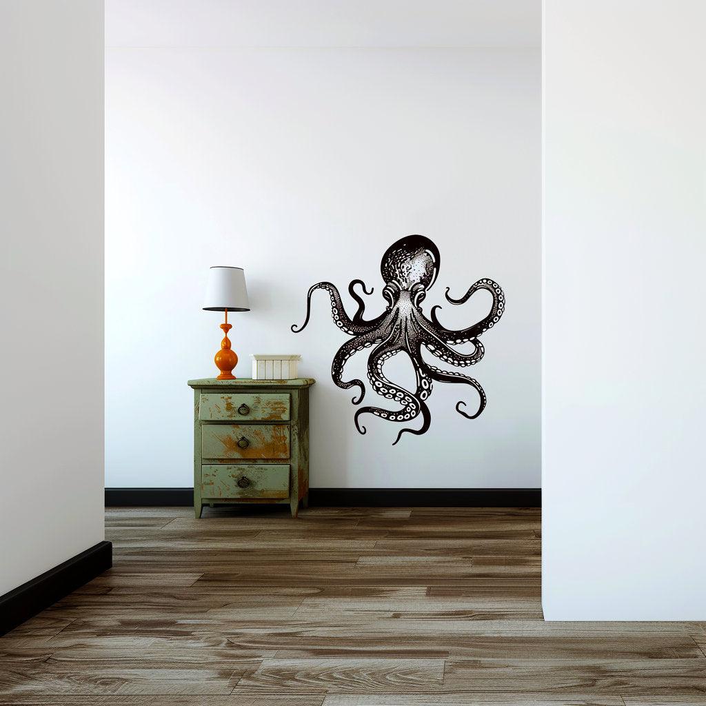 Elegant black octopus wall sticker decor in a modern living room setting, enhancing ocean-themed decor.