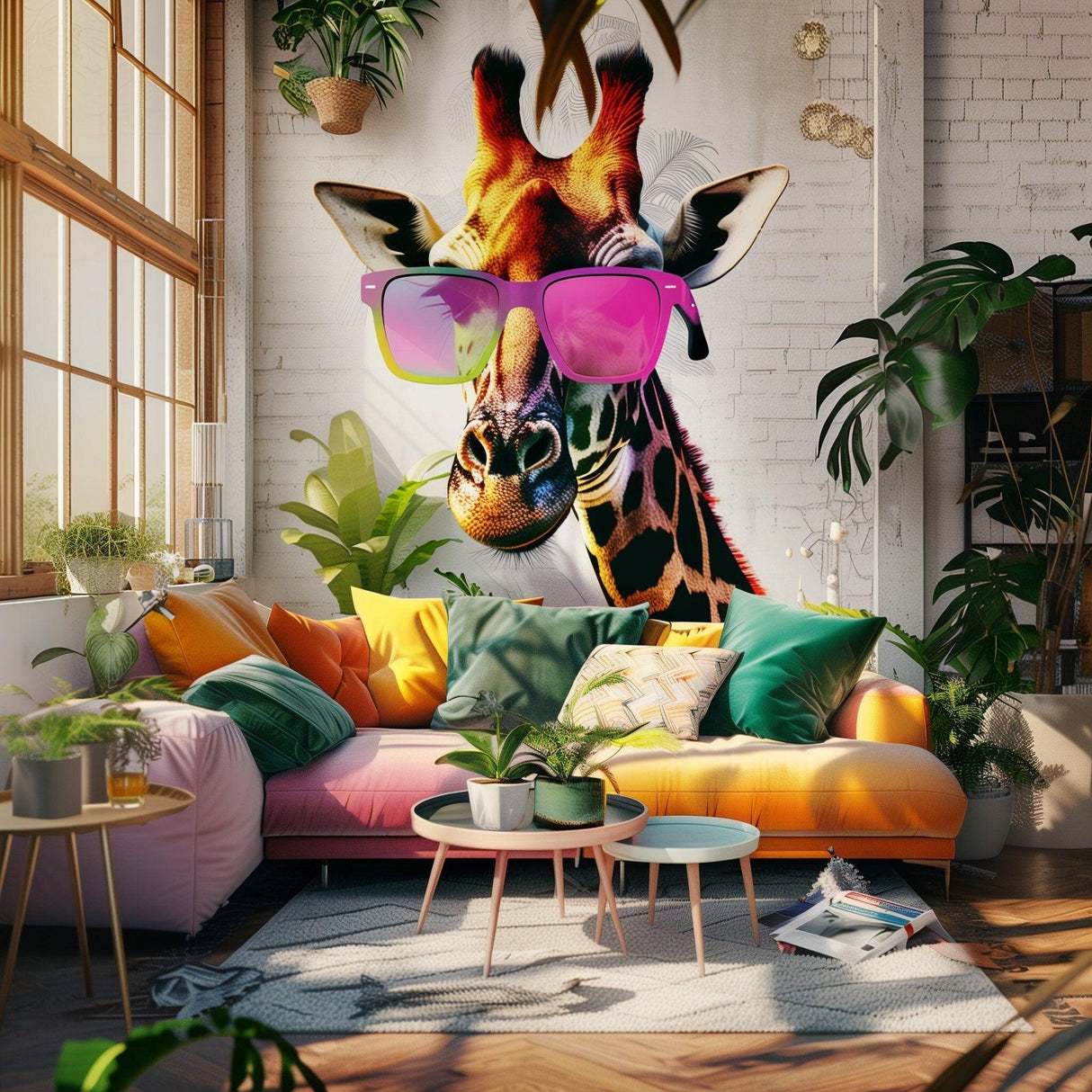 Colorful giraffe wall decal with pink sunglasses in a vibrant living room setting with plants and a stylish sofa.