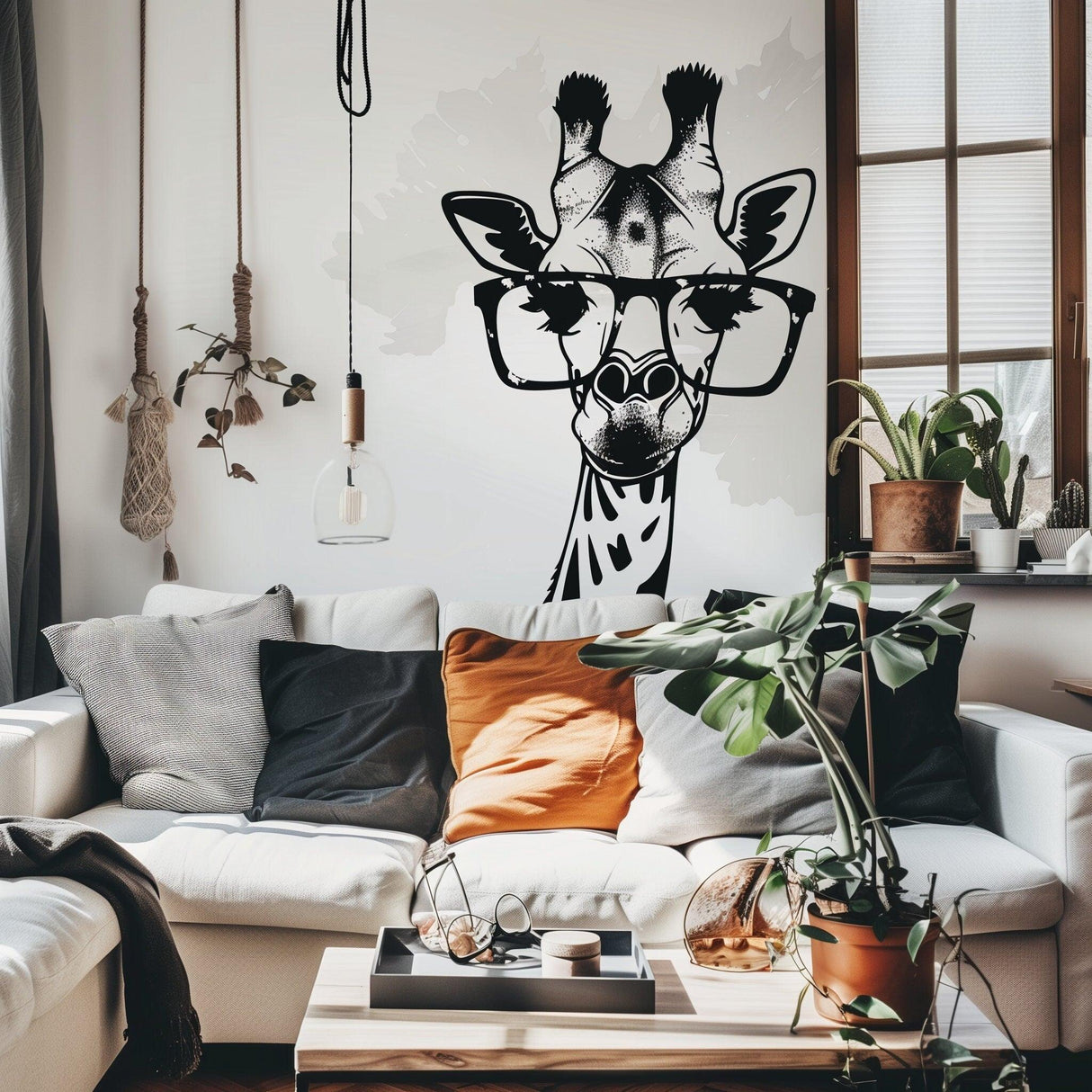 Monochrome giraffe wall sticker with glasses in a modern living room, surrounded by plush pillows and plants.