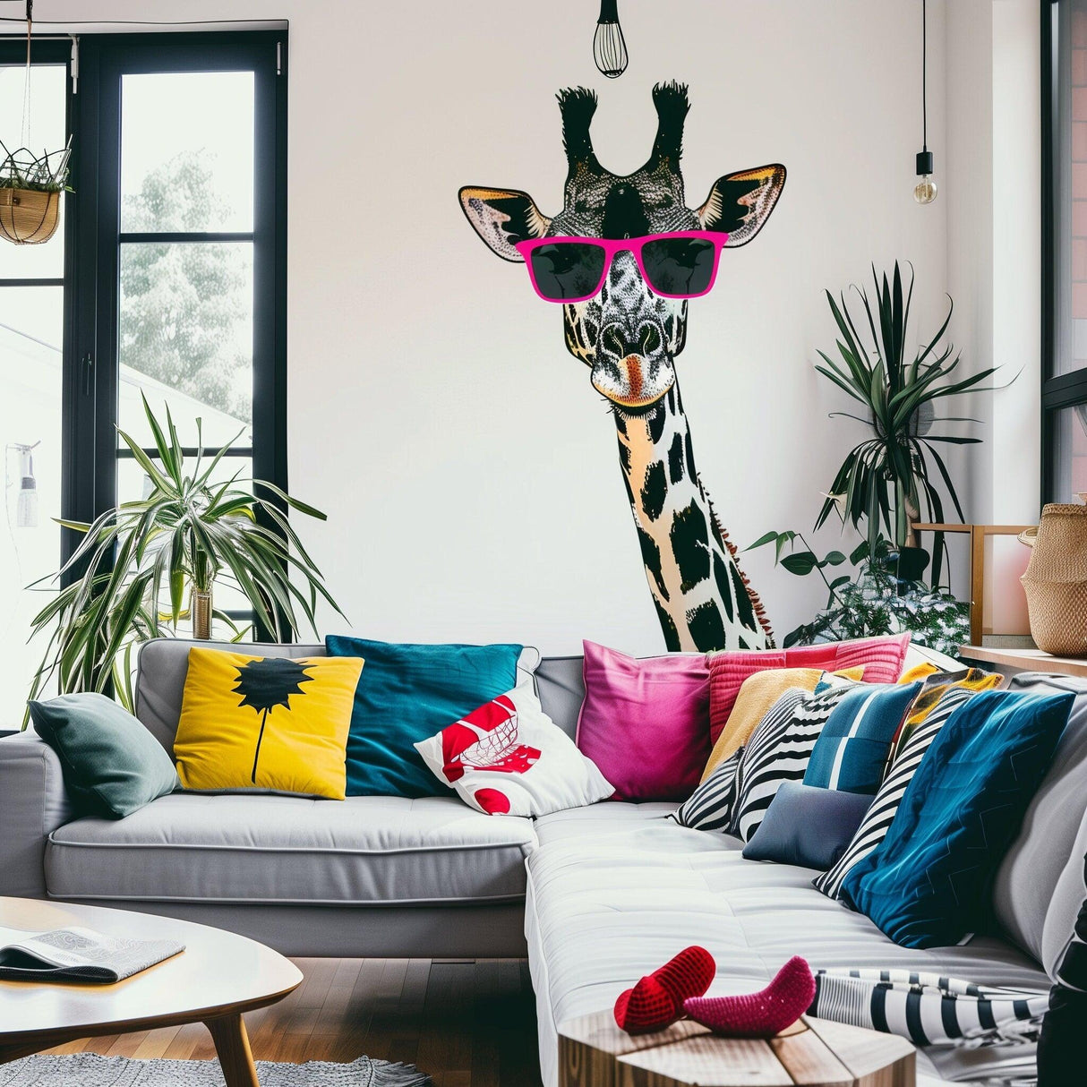 Playful giraffe wall sticker with pink sunglasses in modern living room decor, adding whimsy and fun to the space.