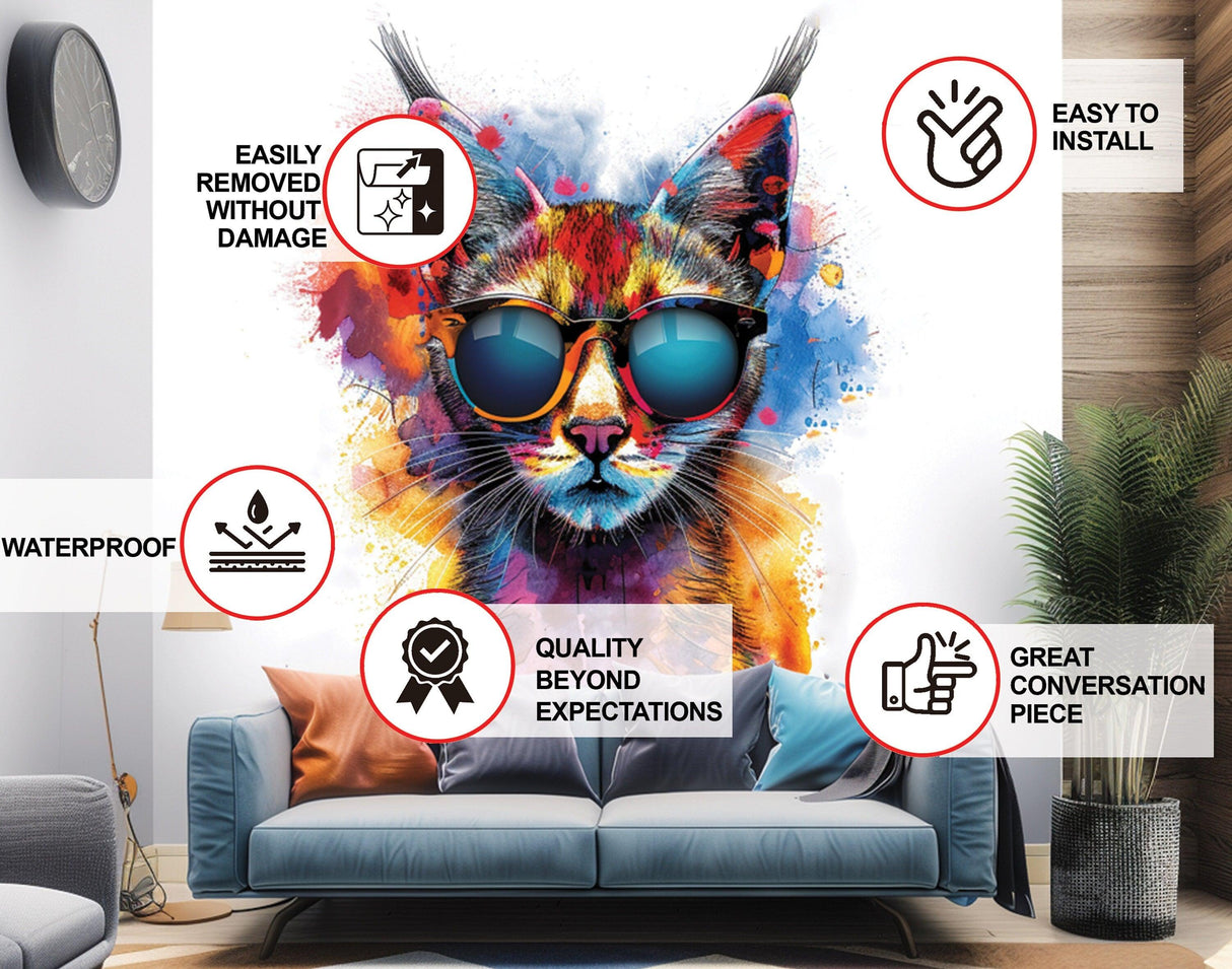 Vibrant Maine Coon Cat wall sticker with sunglasses in a modern living room, showcasing colorful decor and artful design.