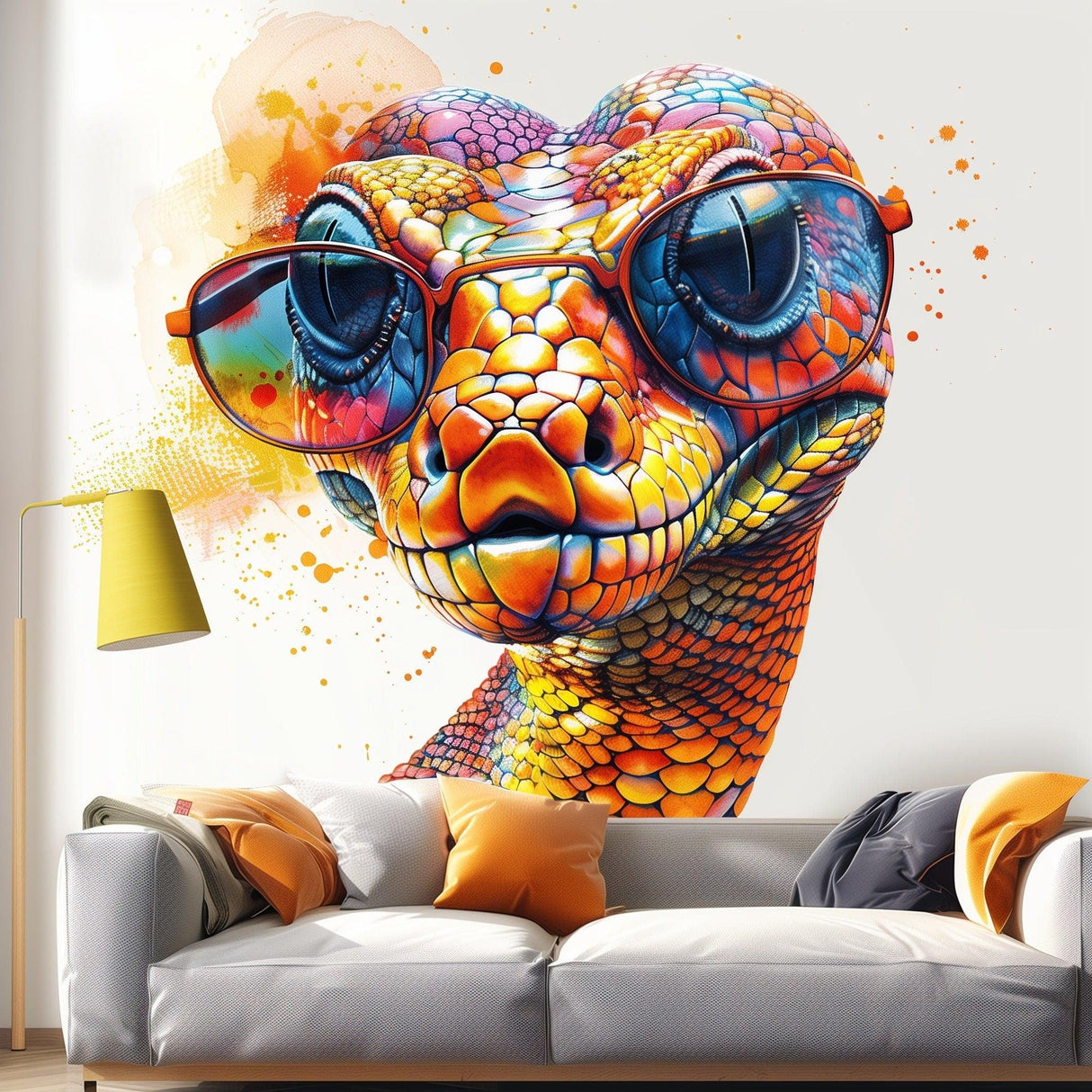 Vibrant orange snake wall decal with glasses, colorful watercolor design, perfect for fun room decor.