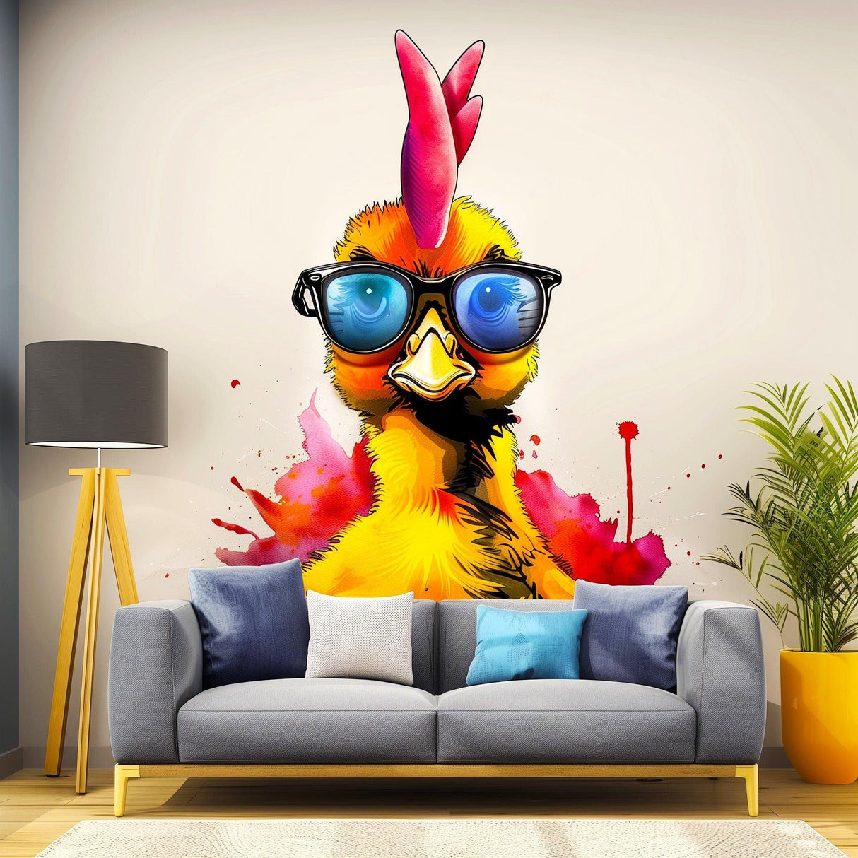 Vibrant watercolor baby chicken with glasses wall decal in a modern living room decor.