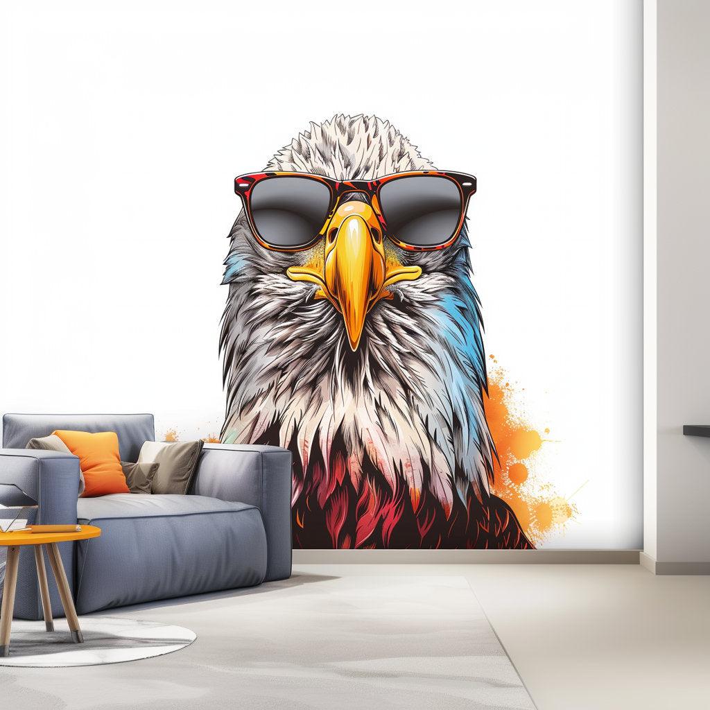 Bald eagle wearing sunglasses wall sticker decor for transforming living spaces with unique style.