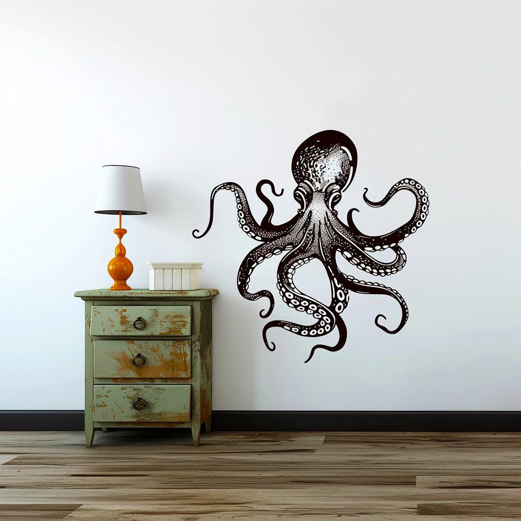 Elegant black octopus wall sticker decal in an ocean-themed living room decor.
