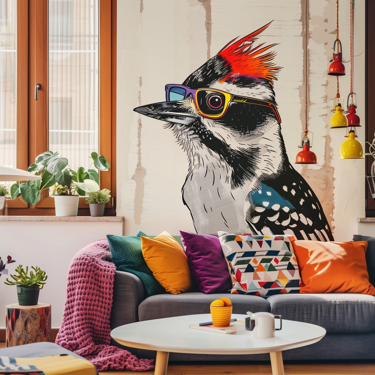 Colorful Downy Woodpecker wall sticker wearing glasses, adding whimsy to a modern living room decor.