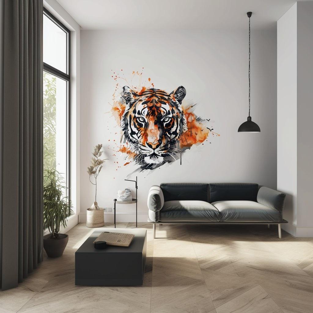 Watercolor tiger head wall art sticker decal in a modern living room with a cozy couch and stylish decor.