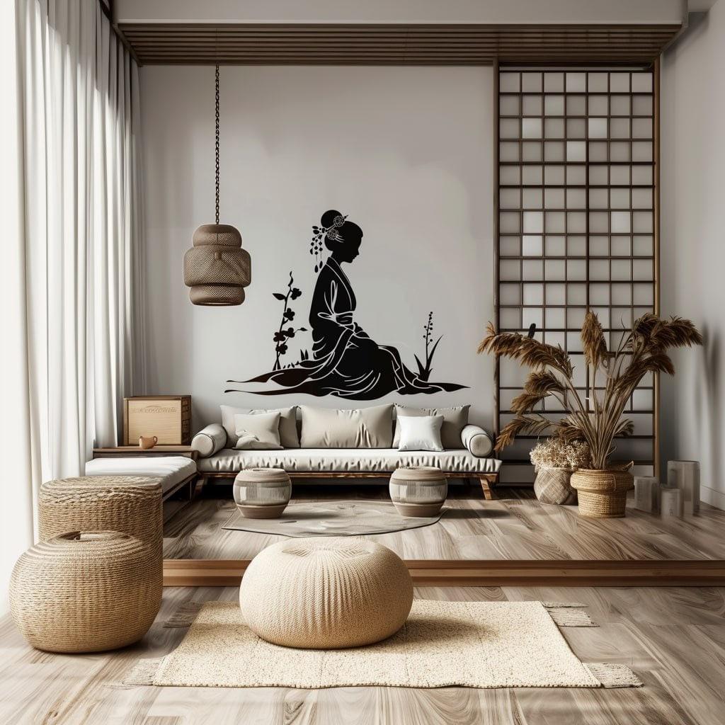 Elegant geisha silhouette wall decal in a serene modern living space with natural decor elements.