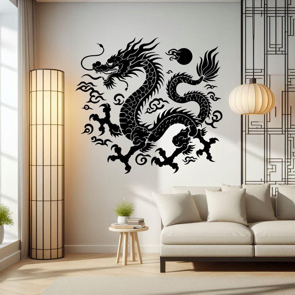 Intricate black Chinese dragon wall decal sticker in a modern living room decor, symbolizing Asian culture.