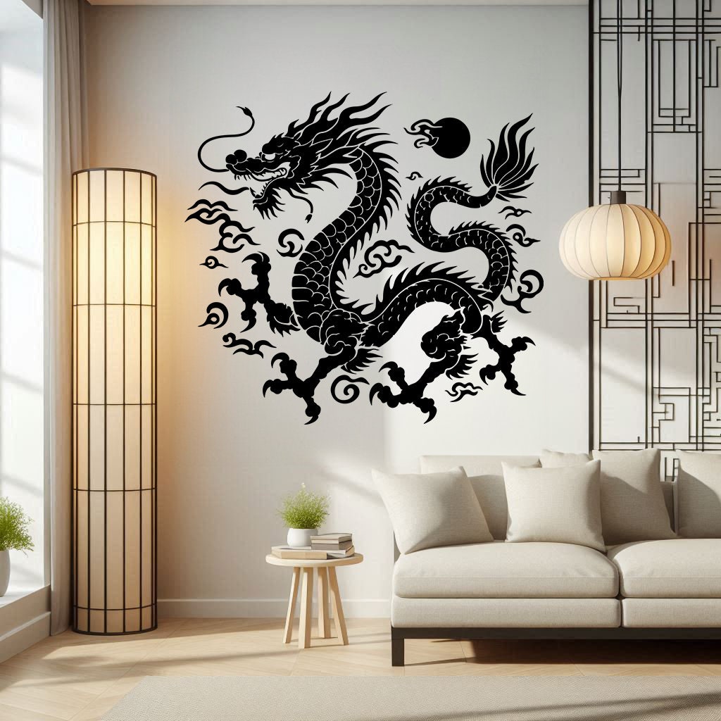 Intricate Chinese Dragon Wall Decal Sticker - Asian Mythical Creature Decor