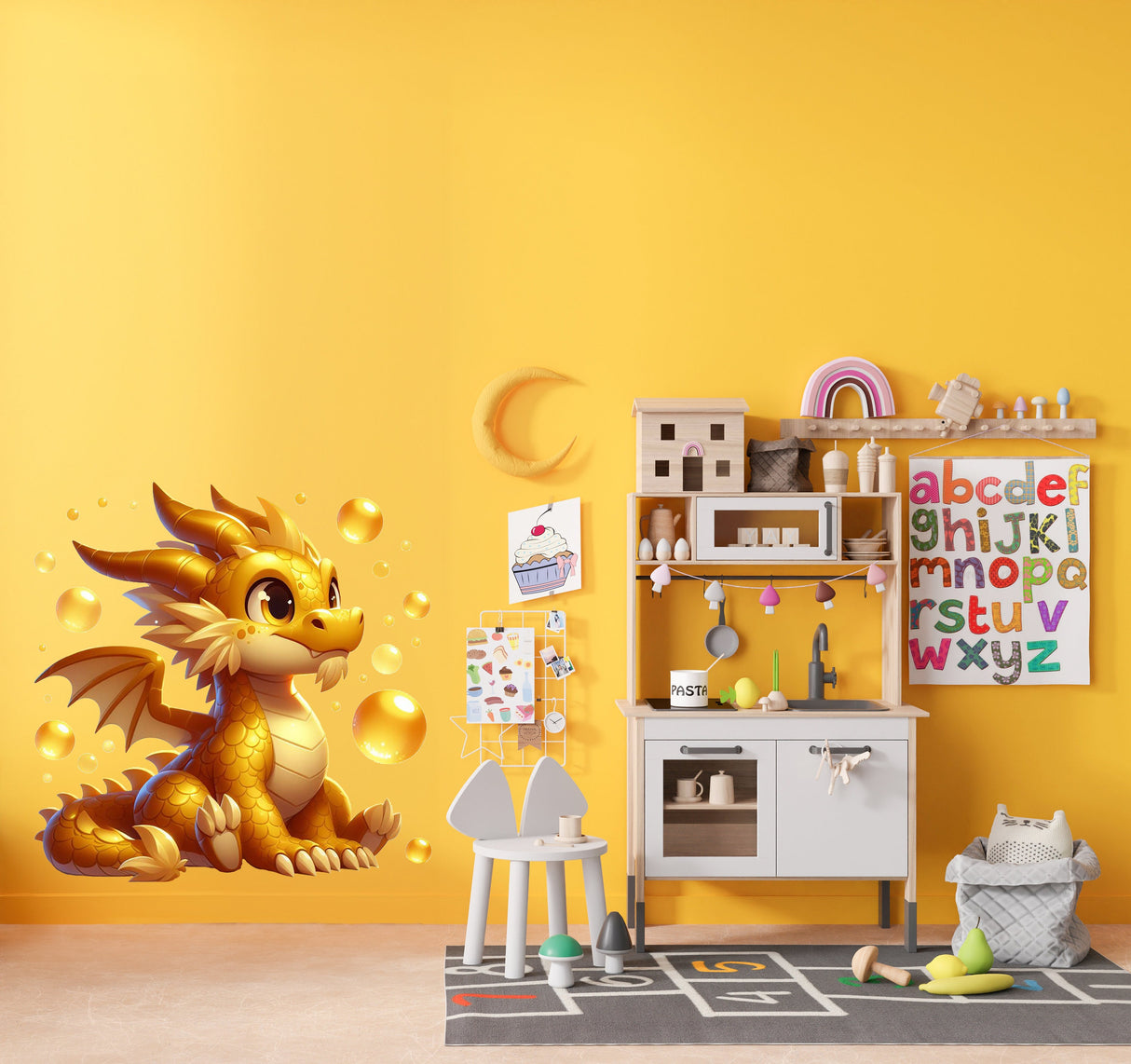Golden Baby Dragon Wall Decal Sticker - Sparkling Fantasy Dragon Wall Decals for Kids Room