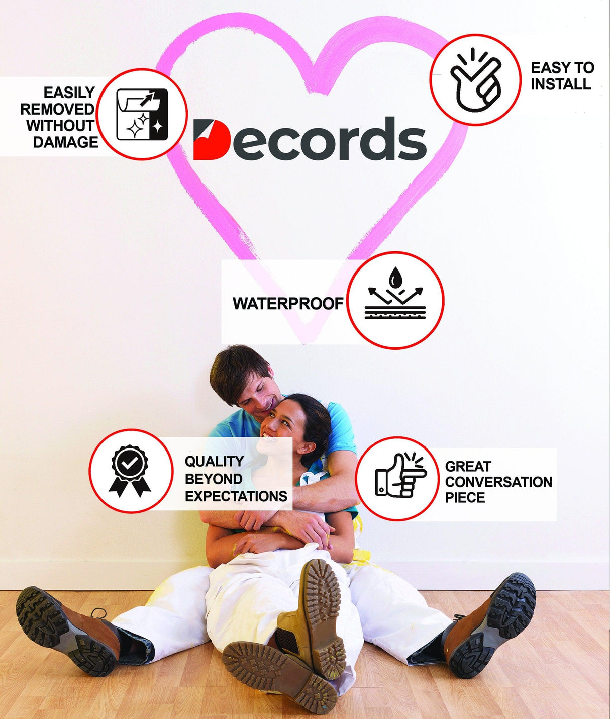 A couple sitting against the wall showcasing Decords wall decals with highlighted features like waterproof and easy to install.