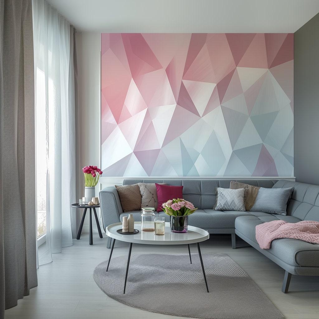Pastel geometric wall art in modern living room, featuring pink and blue shapes, stylish decoration for home.
