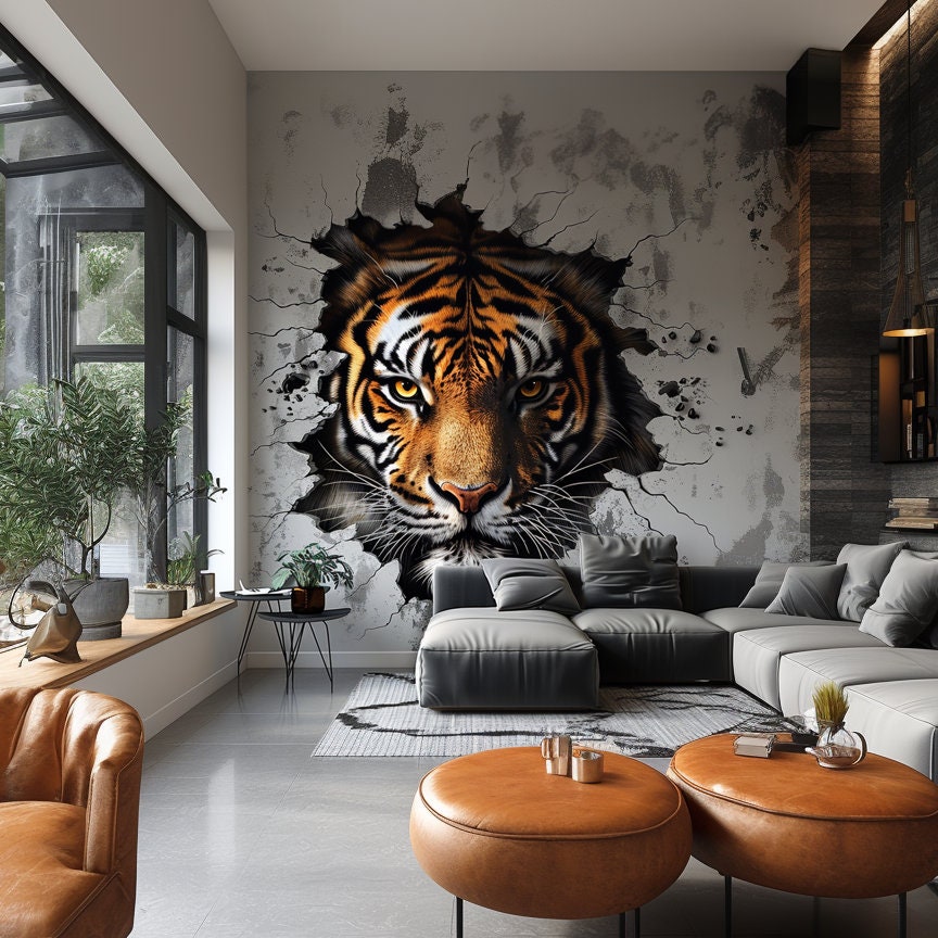 Realistic 3D Tiger Face Wall Decal - Fierce and Majestic Tiger Sticker