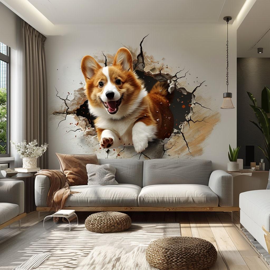 3D Corgi Dog Wall Decal jumping through wall in modern living room, adding playful charm and warmth.