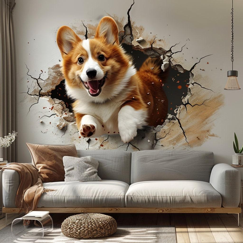 3D Corgi Dog Wall Decal jumping through a wall, adding playful charm to living space decor.