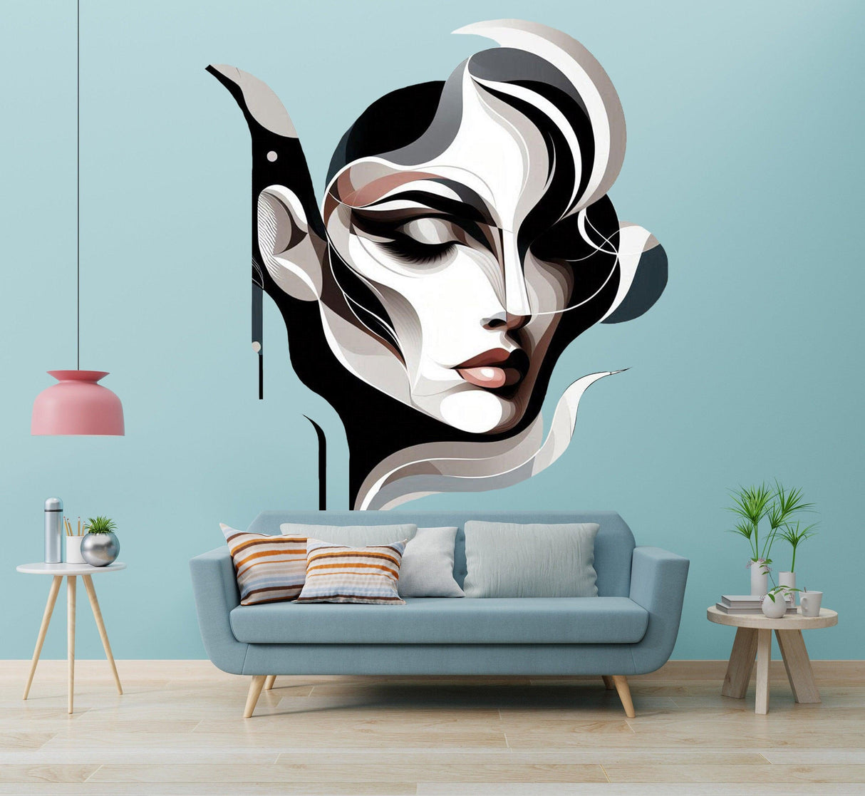Abstract woman face wall decal sticker, modern geometric art enhancing chic living room decor.