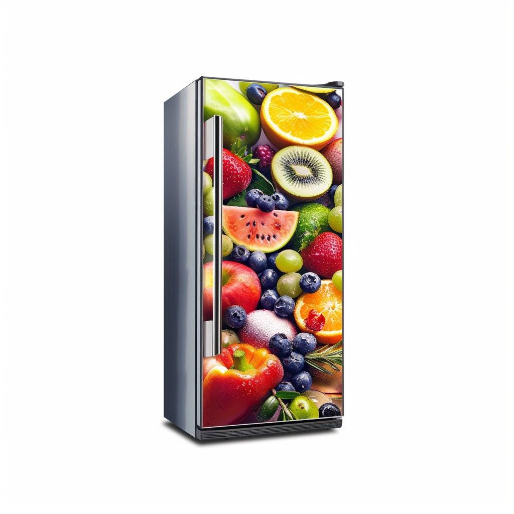 Colorful fruit refrigerator sticker featuring vibrant fruits like oranges, kiwi, berries, and more for kitchen decor.