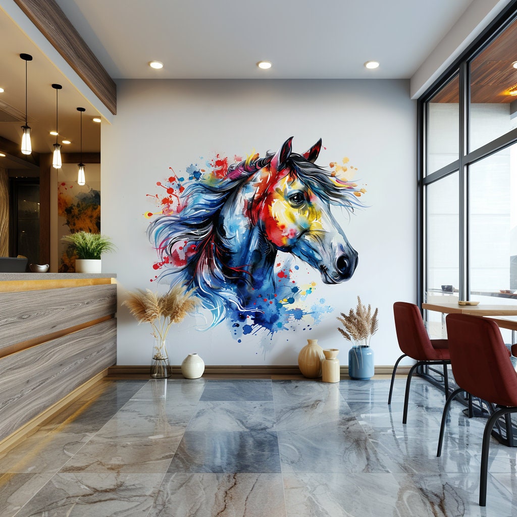 Vibrant Watercolor Horse Head Wall Decal Sticker - Artistic Animal Decor for Living Room, Creative Space