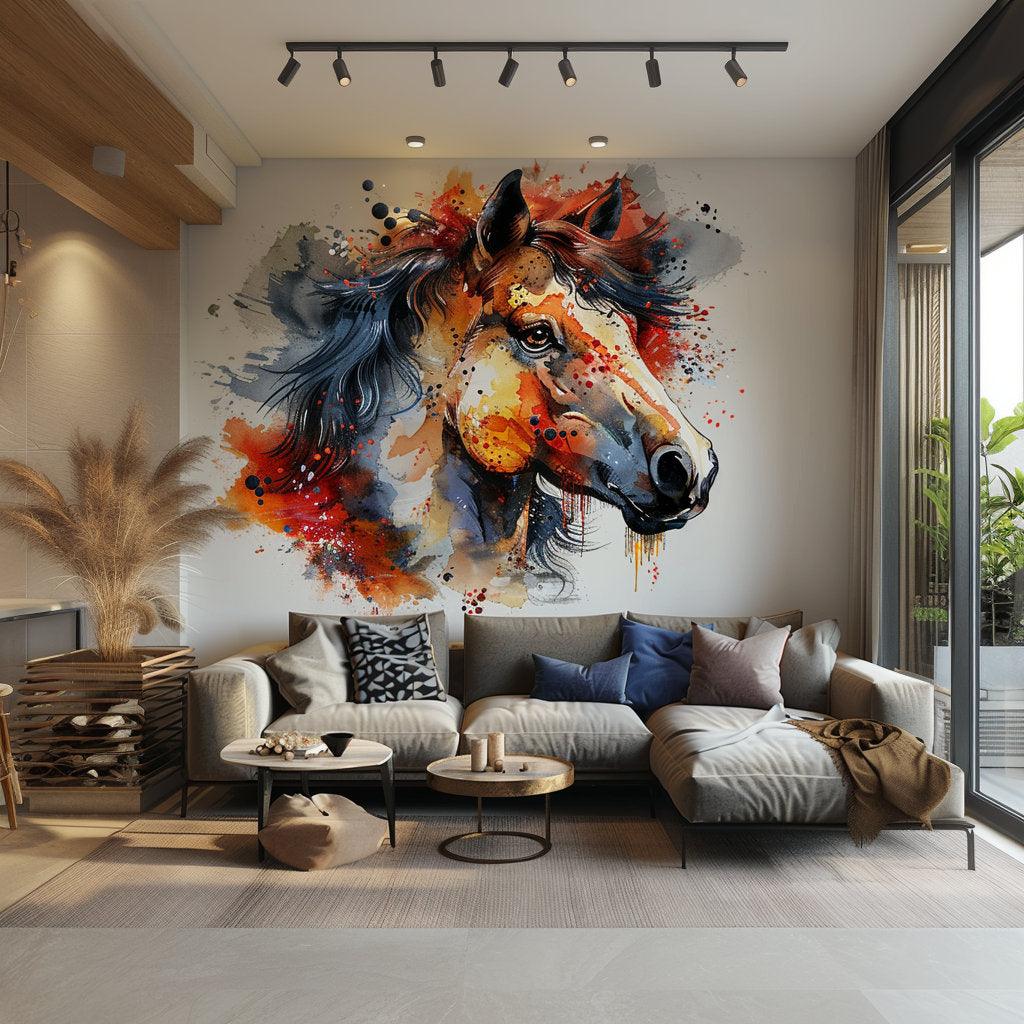 Vibrant watercolor horse head wall sticker decal in a modern living room setting, adding artistic flair to the decor.