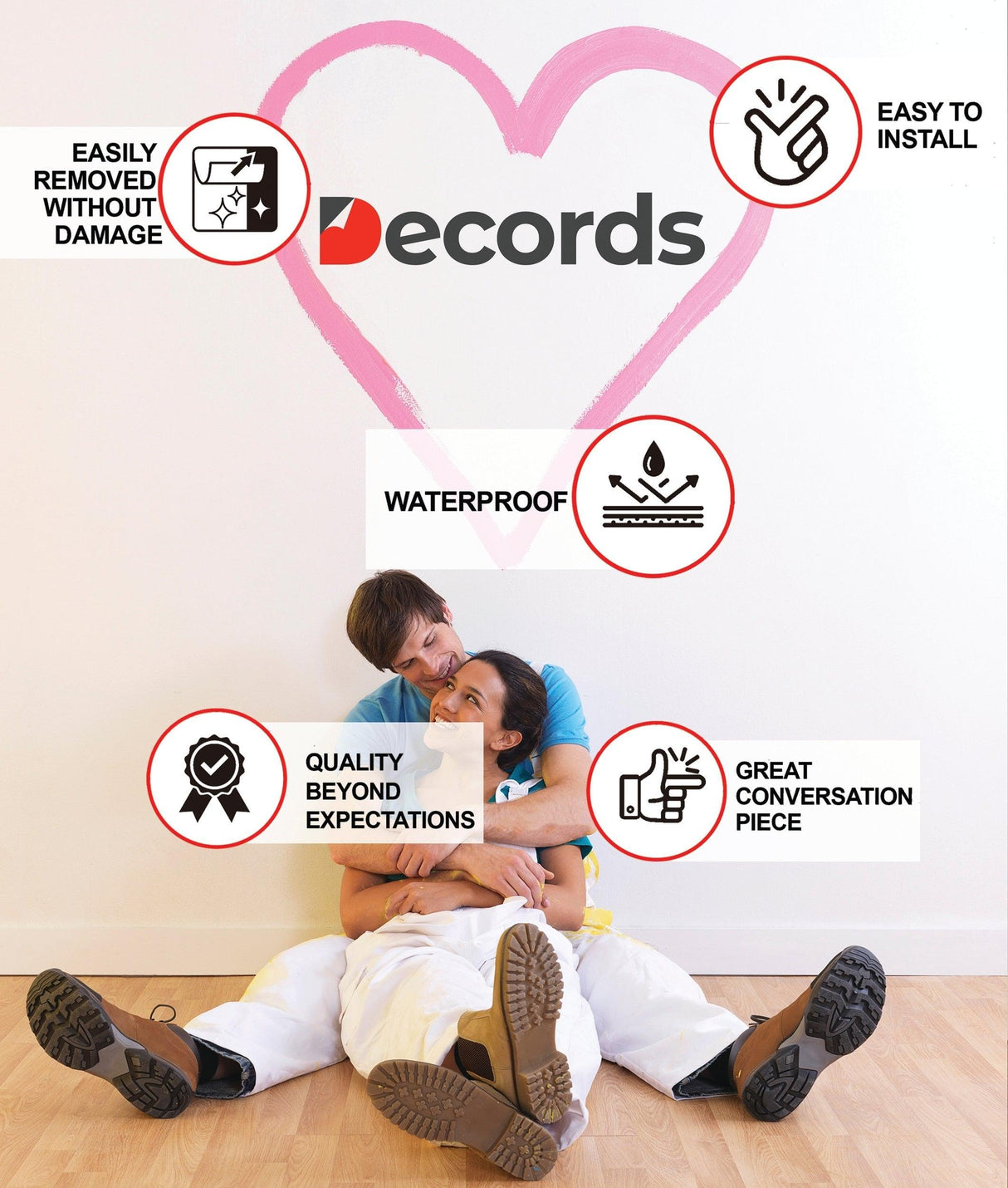 Couple enjoying wall art installation with features highlighted: easy to install, waterproof, quality, and removable.