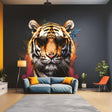 Vibrant tiger wall sticker with sunglasses, bold graffiti art, enhancing modern living room decor.