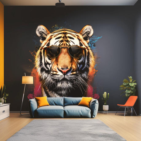 Vibrant tiger wall sticker with sunglasses, bold graffiti art, enhancing modern living room decor.