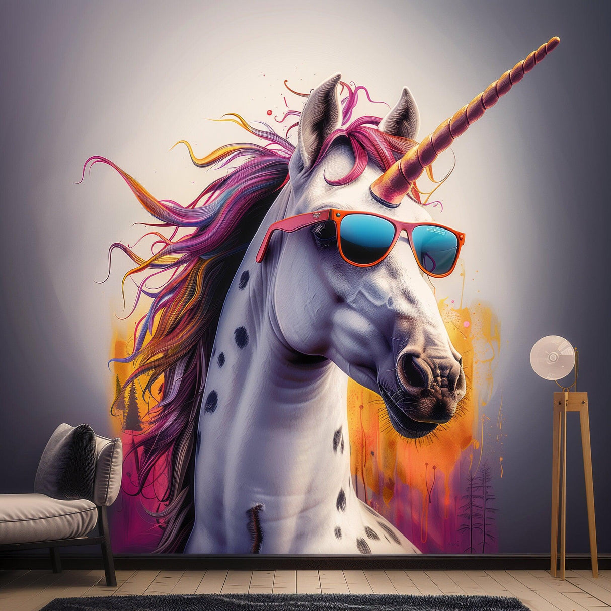 Photorealistic unicorn wall sticker with sunglasses, vibrant graffiti art for playful decor.