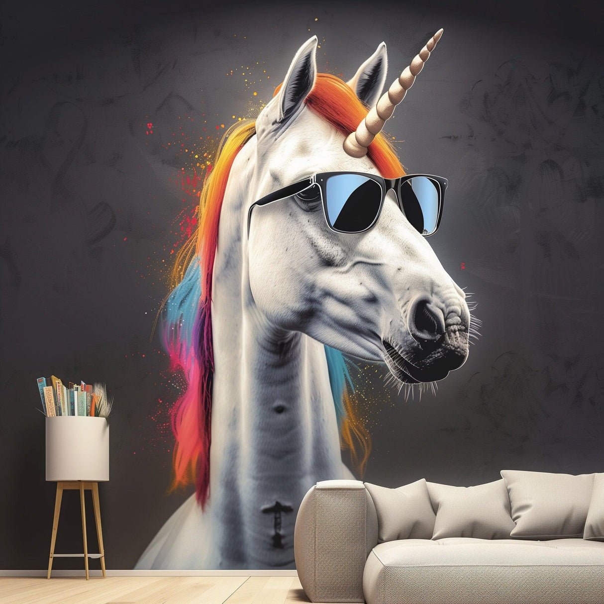 Graffiti unicorn wall sticker with sunglasses in vibrant colors, perfect for whimsical decor