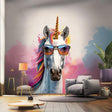 Photorealistic graffiti unicorn wall sticker with rainbow mane and sunglasses, adding vibrant decor to a modern space.