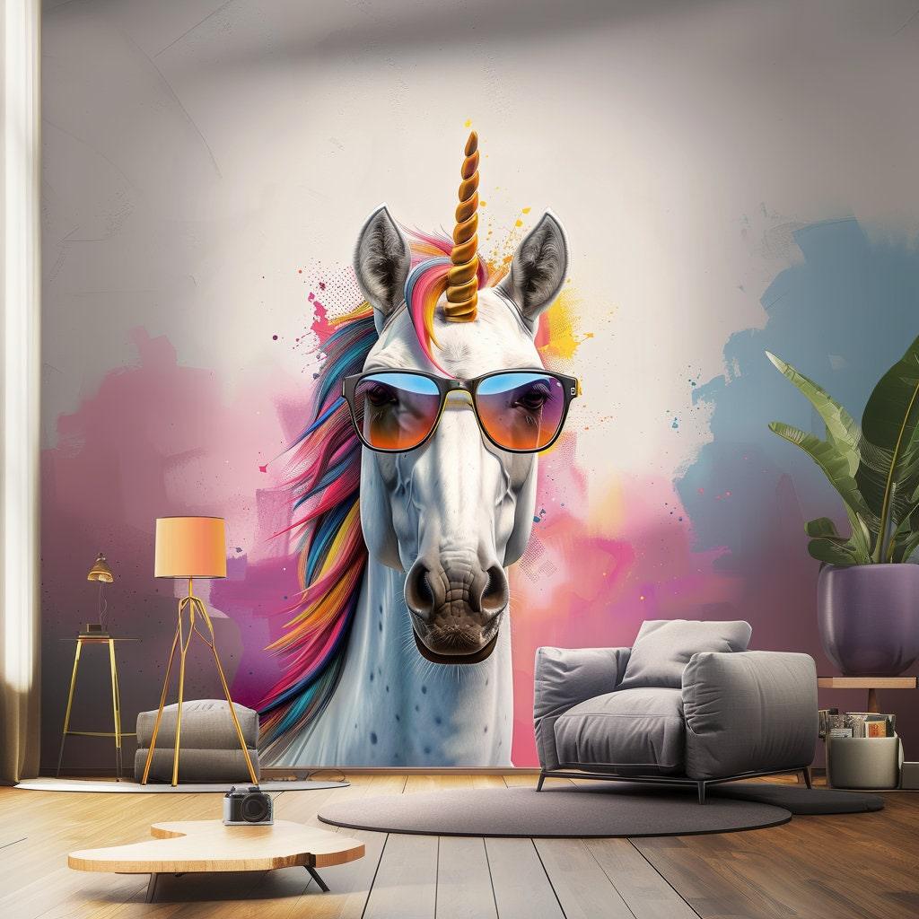 Photorealistic graffiti unicorn wall sticker with rainbow mane and sunglasses, adding vibrant decor to a modern space.