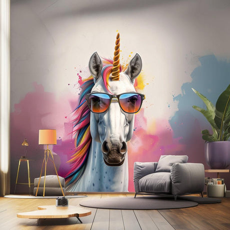 Photorealistic graffiti unicorn wall sticker with rainbow mane and sunglasses, adding vibrant decor to a modern space.